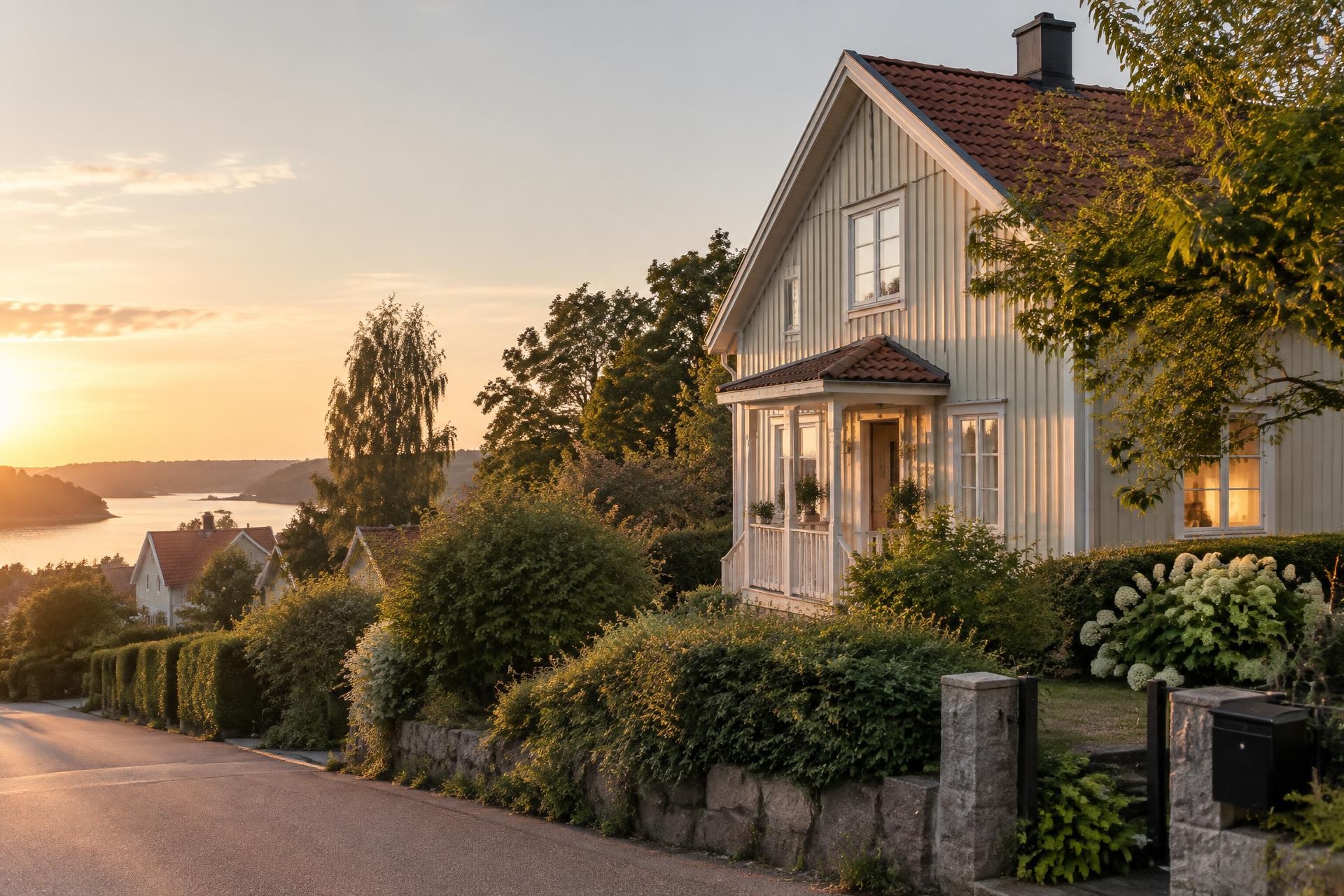 Svenskt villaområde i kvällsljus
